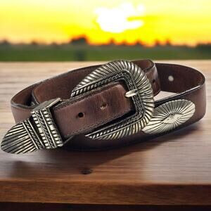 Onyx By Brighton Brown Leather Belt VTG 32” Silver Conchos Western Boho USA 1995
